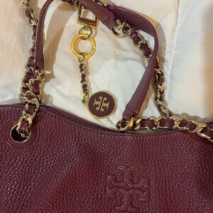 Tory BurchBurgundy Thea Slouchy Large Leather Tote with Gold Chain, NWOT